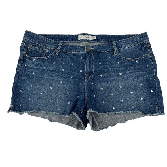 torrid Pants - Rhinestone Denim Shorts Torrid Size 24 Stretch Blue Jean Cut Offs Medium Wash